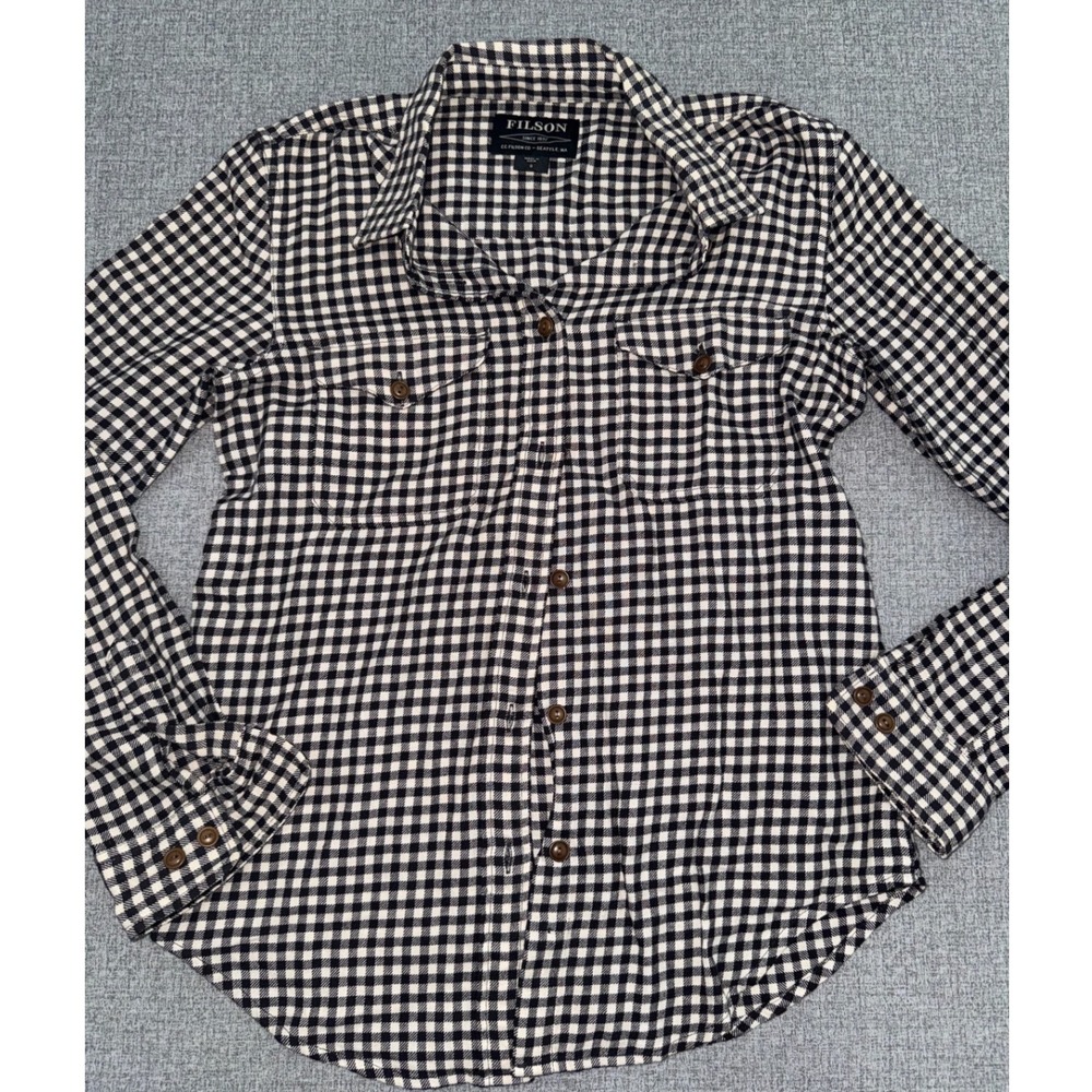 Women's Filson Small S Shirt Black White Gingham Flannel Long Sleeve Button Up